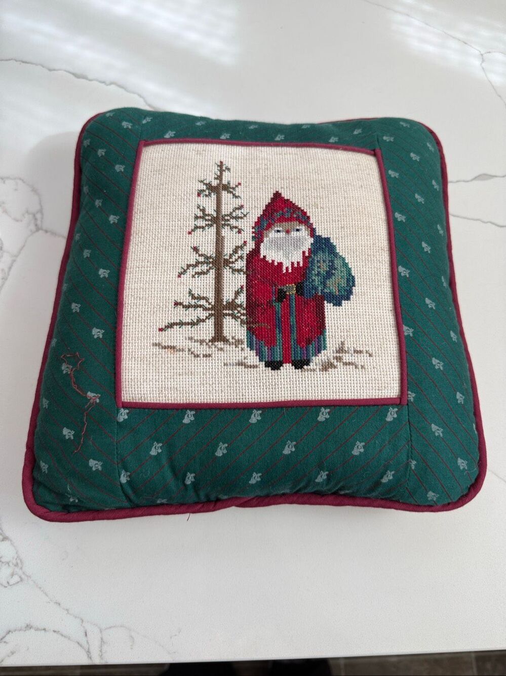 Vintage Needlepoint Santa Small Christmas Pillow 10” square